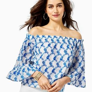 NWT Lilly Pulitzer Alva Top Baha Blue Paisley Embroidered Top Size Large